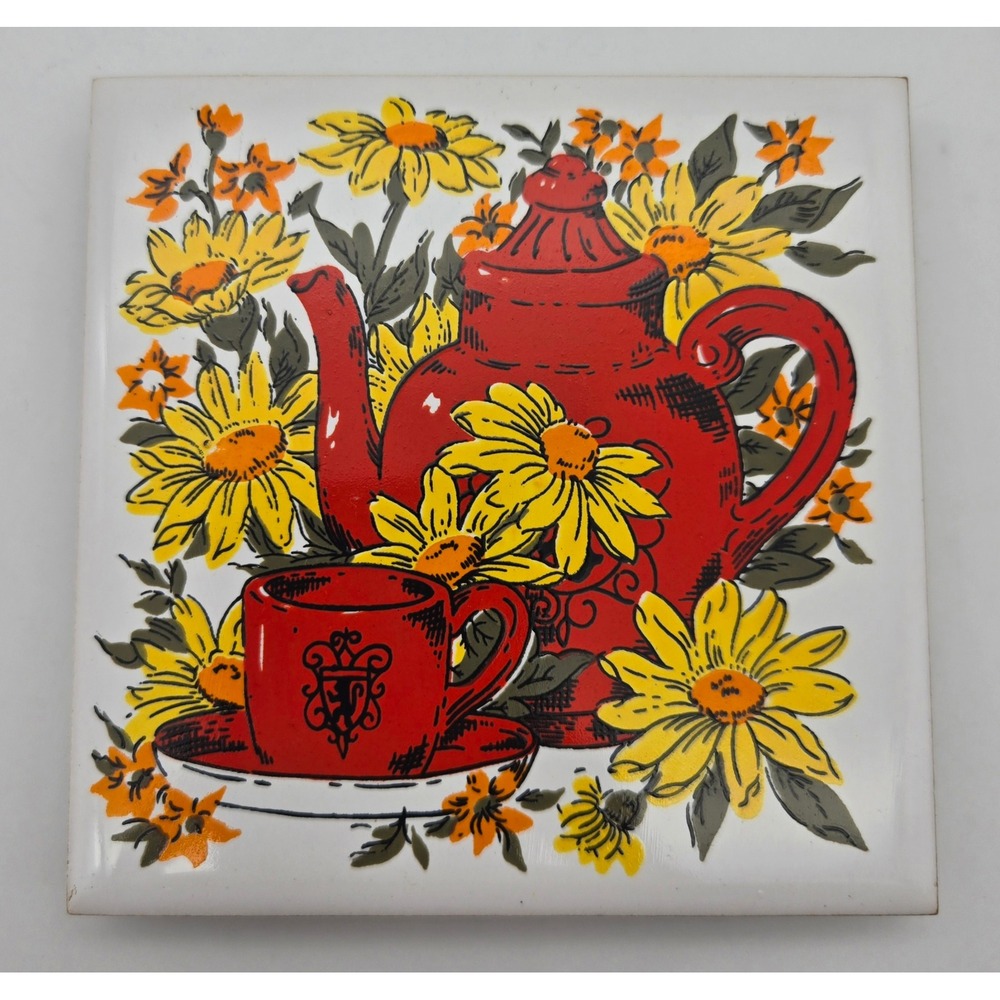 Vintage 1970's Trivet‎ Tile Red Coffee Teapot Floral Wall Hanging Kitchen KK